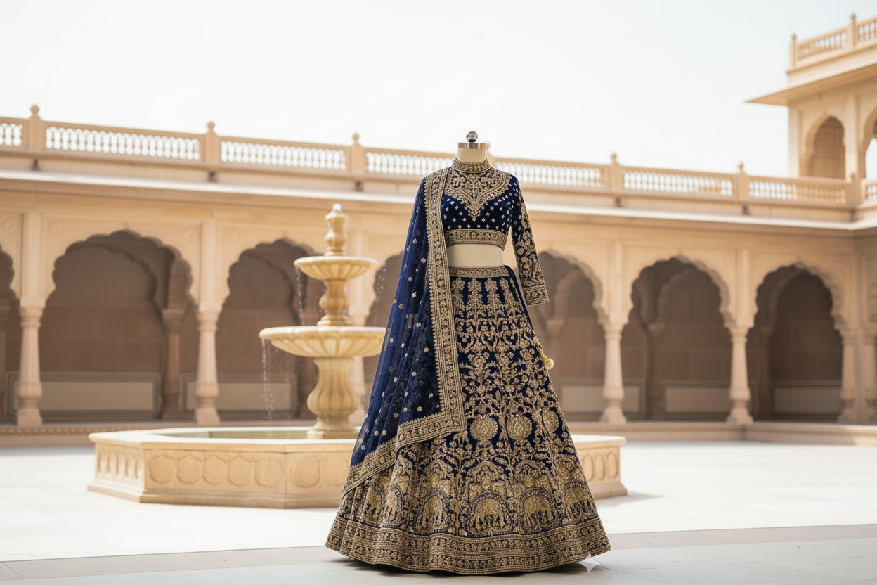 Traditional embroidered blue and gold dress on a mannequin with a fountain and architectural background